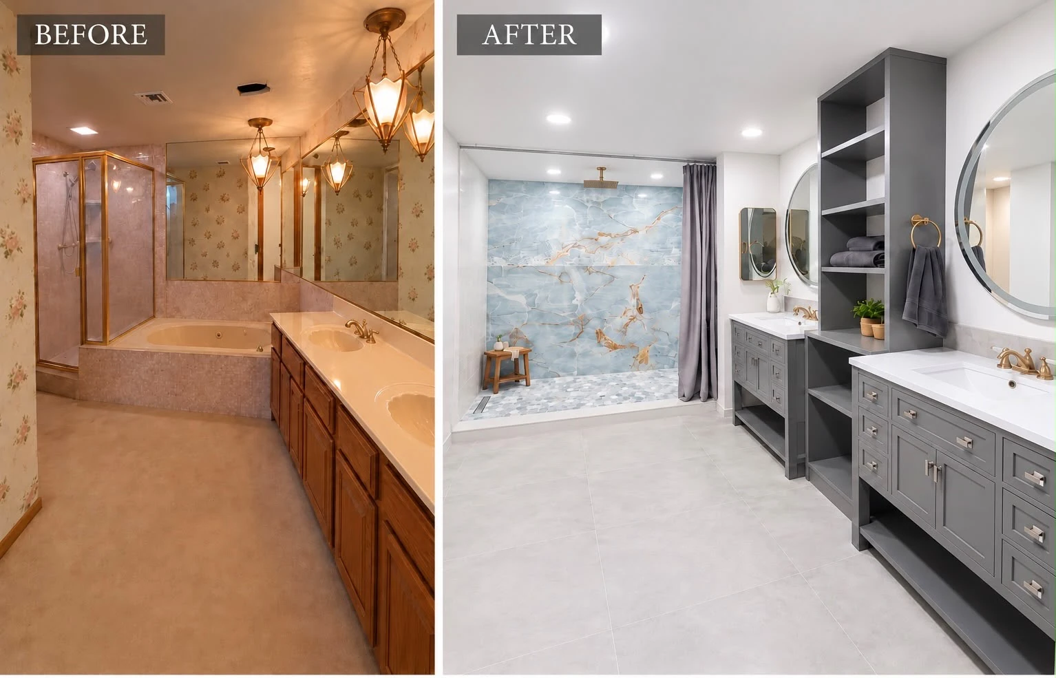 Bathroom project 01: before on the left and after on the right