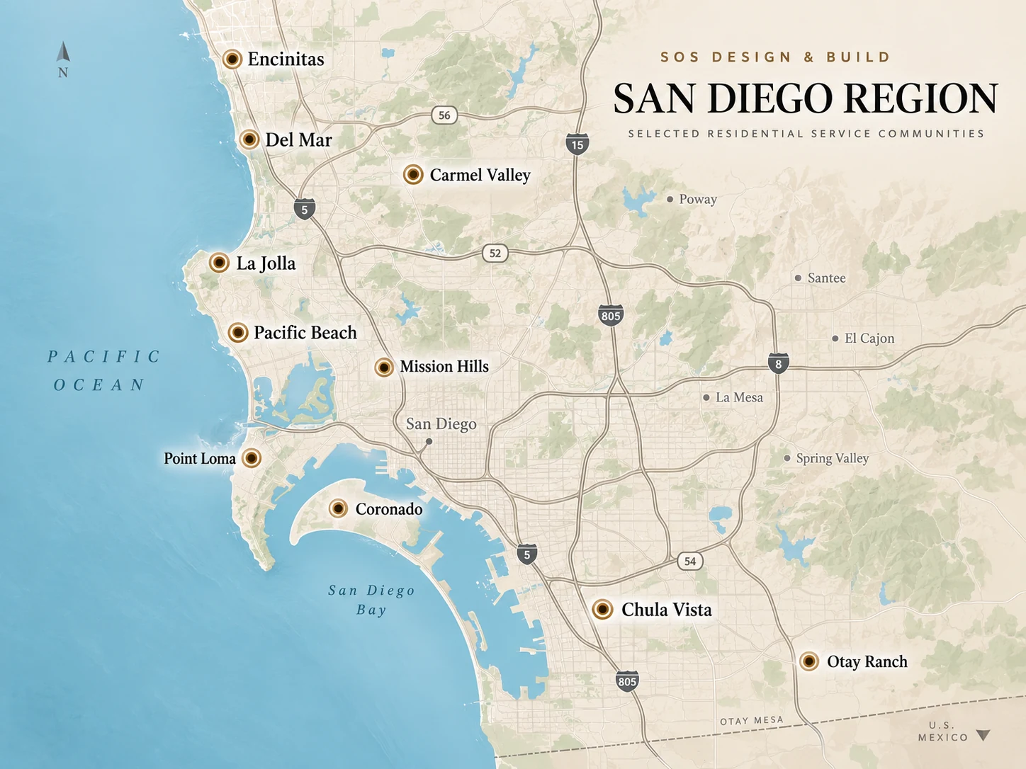 San Diego regional service map highlighting selected communities from Encinitas and Del Mar through La Jolla and central San Diego to Chula Vista and Otay Ranch